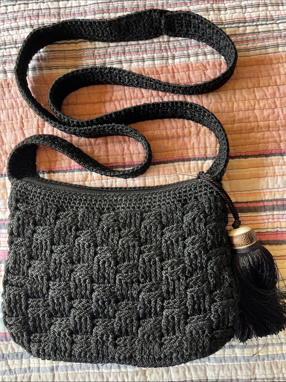 The Sak Small Black Woven Crochet Crossbody Bag Tassel Boho